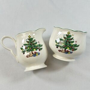 Vintage Nikko Happy Holidays Creamer and Sugar Bowl Christmas Tree Japan